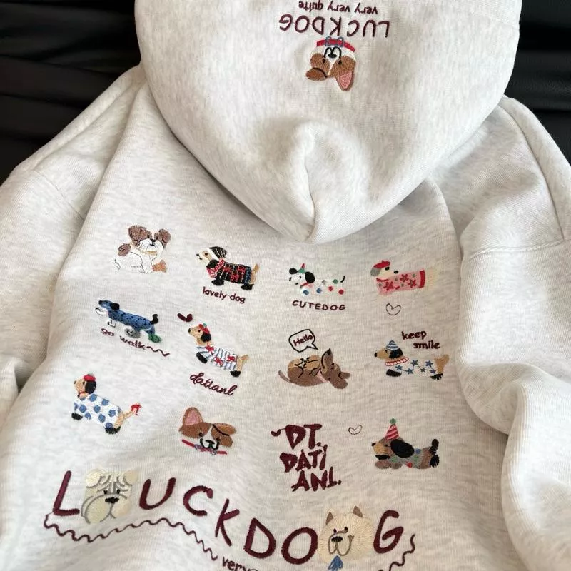 美式復古風 LUCKDOG 可愛狗狗 繽紛刺繡款 純棉 加絨 連帽長袖帽T