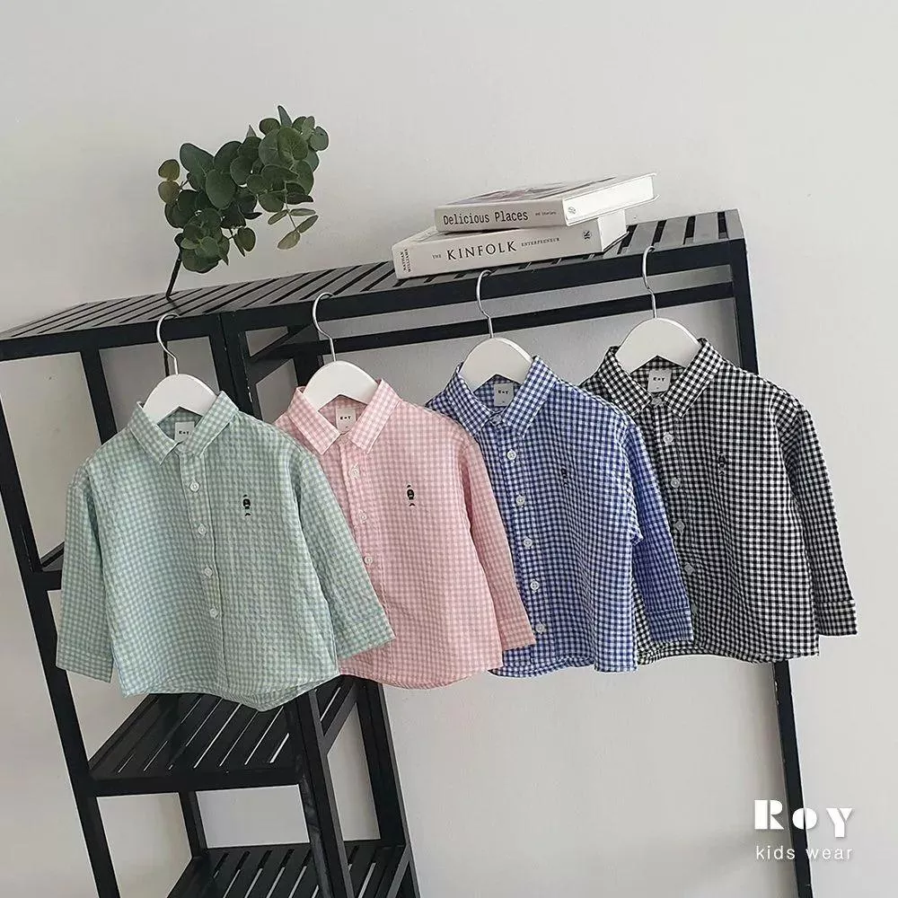 <韓製>刺繡小小人夏季格薄紋襯衫外套／少量現貨