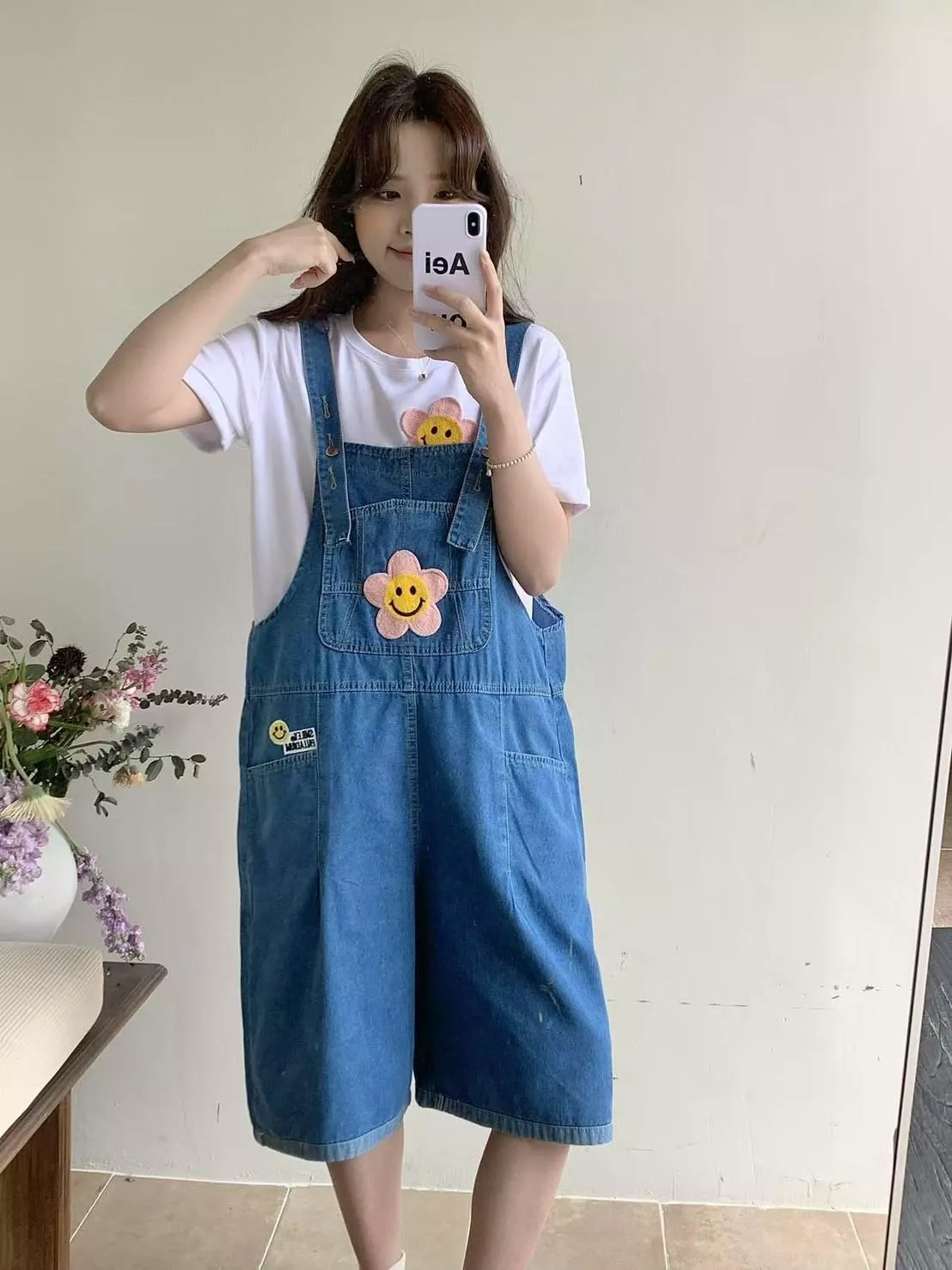 預購。俏皮小花牛仔吊帶短褲