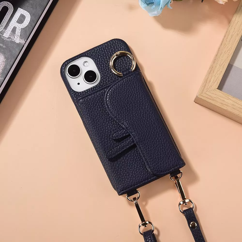 iPhone 14/14 Plus/14 Pro/14 Pro Max 馬鞍卡包手機皮套 頂級皮革搭配精鍍配件 附美妝鏡及皮質背帶 - 湛藍