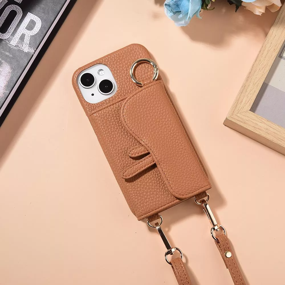 iPhone 14/14 Plus/14 Pro/14 Pro Max 馬鞍卡包手機皮套 頂級皮革搭配精鍍配件 附美妝鏡及皮質背帶 - 焦糖