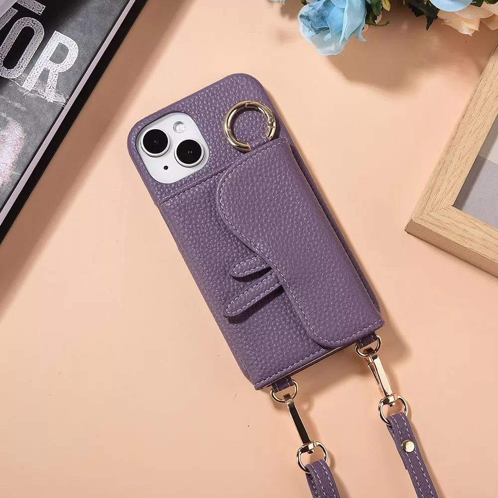 iPhone 14/14 Plus/14 Pro/14 Pro Max 馬鞍卡包手機皮套 頂級皮革搭配精鍍配件 附美妝鏡及皮質背帶 - 絨紫
