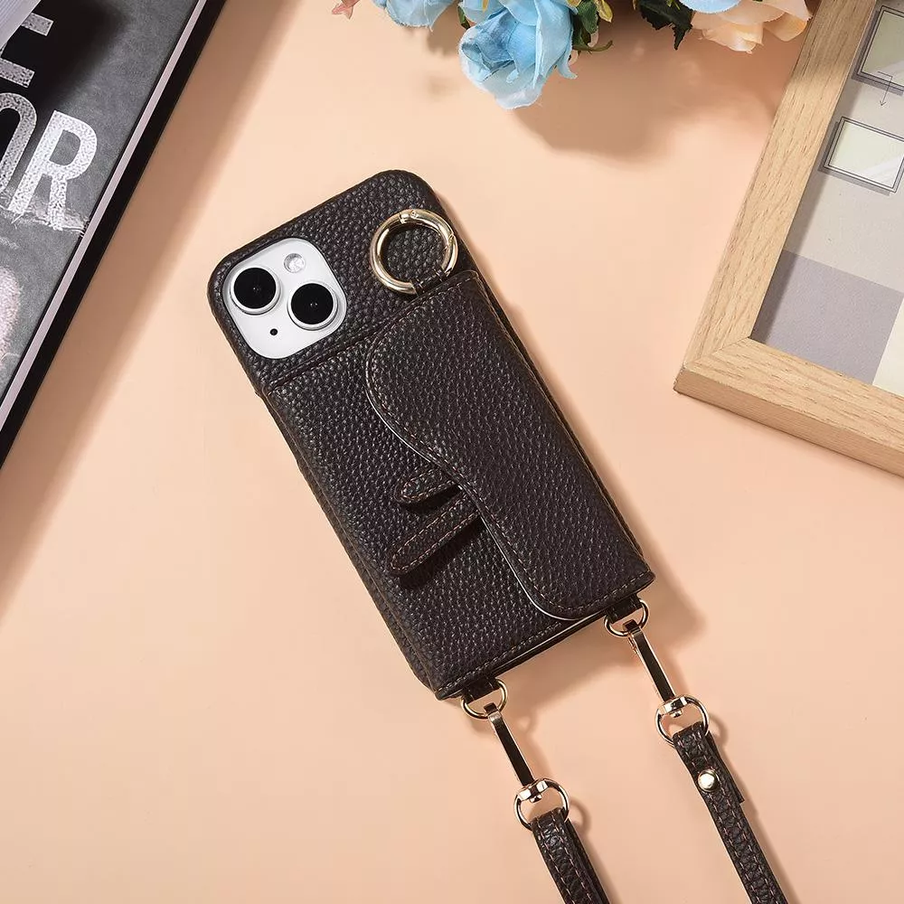 iPhone 14/14 Plus/14 Pro/14 Pro Max 馬鞍卡包手機皮套 頂級皮革搭配精鍍配件 附美妝鏡及皮質背帶 - 黑褐