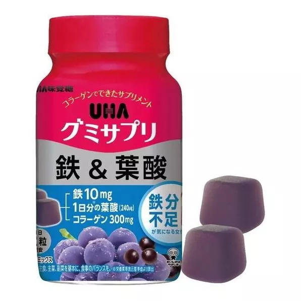 『代購』日本《UHA 味覺糖》ＵＨＡ味覚糖 グミサプリ 鉄＆葉酸 ボトル 補鐵&葉酸 營養軟糖 綜合巴西莓口味 60粒 30日份(罐裝) (5/6 收單)