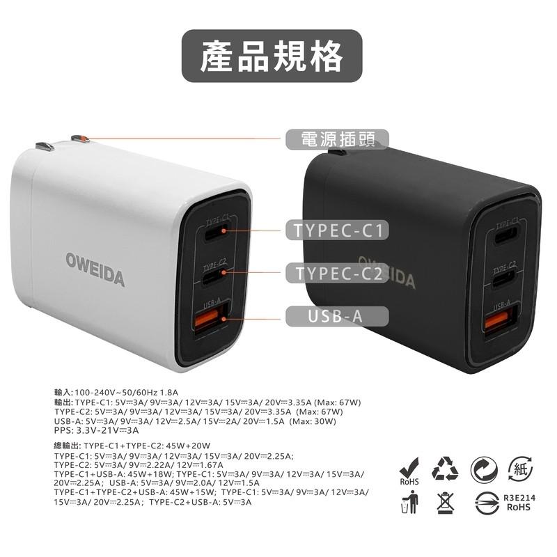 【Oweida】(一年保固-極速充電組) 67W氮化鎵充電頭+100W C TO C 150CM編織漁網快充線