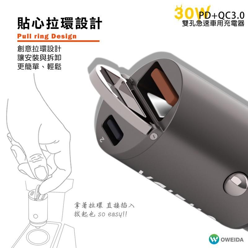【Oweida】 30W PD+QC3.0 雙孔急速車用充電器 USB車充 Type-C車充