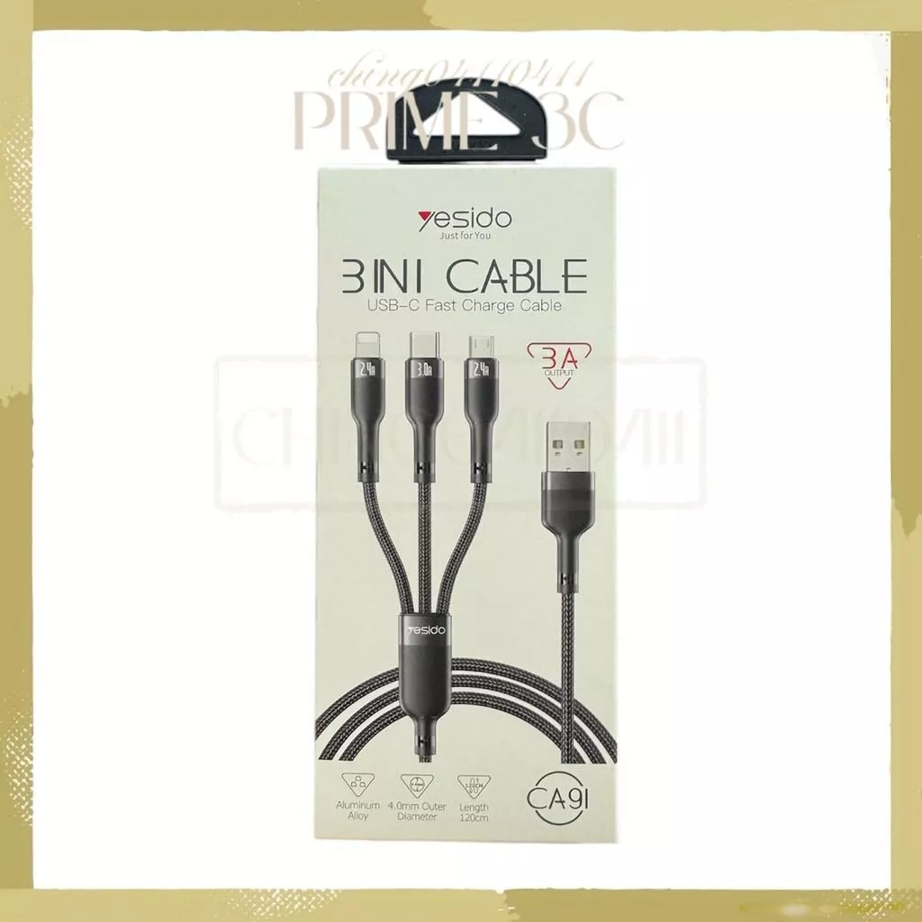 【yesido】3 in 1 Ligntning/Type/Micro to USB 3A 快充線 編織充電線 CA91
