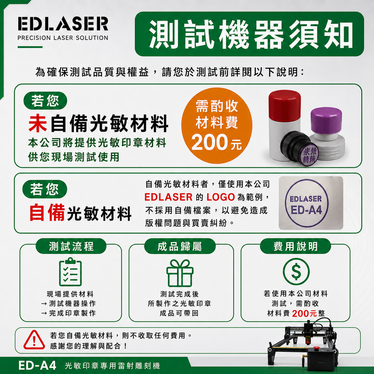 未攜帶光敏印章材料測試收費說明