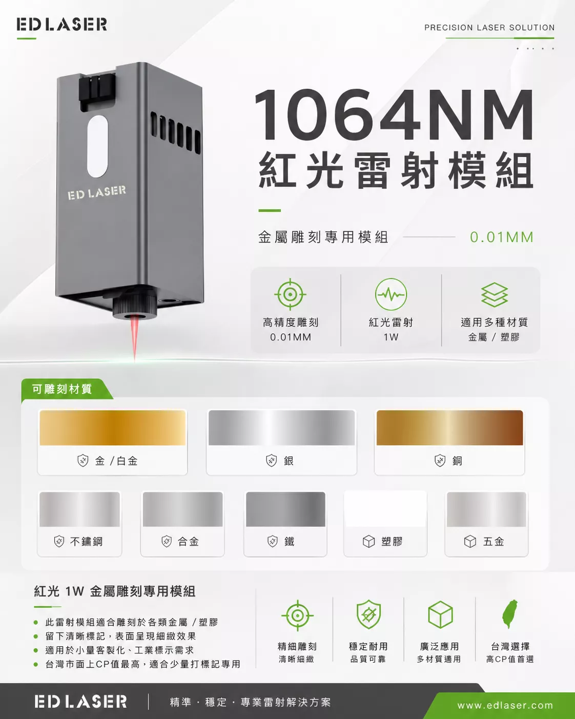 1064NM/1W 紅光金屬雷射雕刻模組