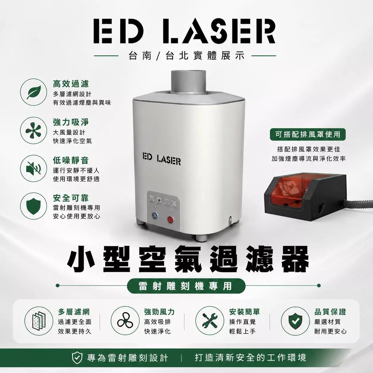 EDLASER雷射雕刻機 空氣過濾器｜小型煙霧淨化機 抽煙除味｜桌上型 空氣淨化設備／光纖雷射