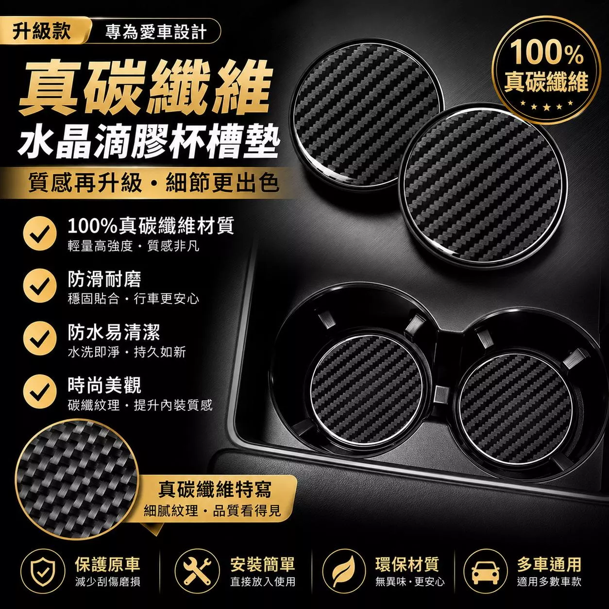 【逸品汽車百貨】真碳纖維水晶滴膠杯槽墊｜汽車杯墊 防滑耐磨 防水易清潔 水杯墊 杯架墊 杯槽墊 車用杯墊 汽車內裝升級