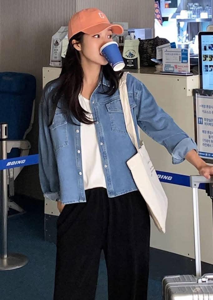 車線壓釦牛仔襯衫外