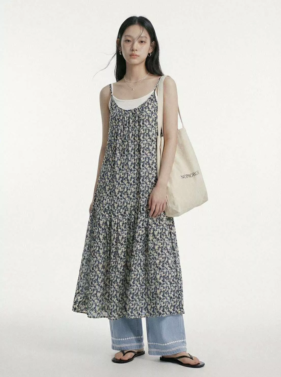 韓奈良復古碎花吊帶連衣裙