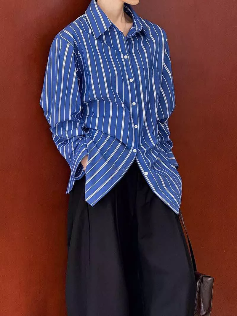 早春新款韓系氣質小眾寬鬆藍色條紋襯衫