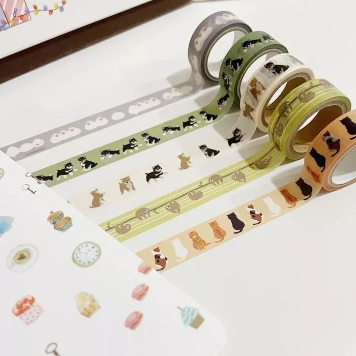 日本進口濱文樣 文鳥 豆柴黑柴 貓咪 黑柴 樹懶 紙膠帶