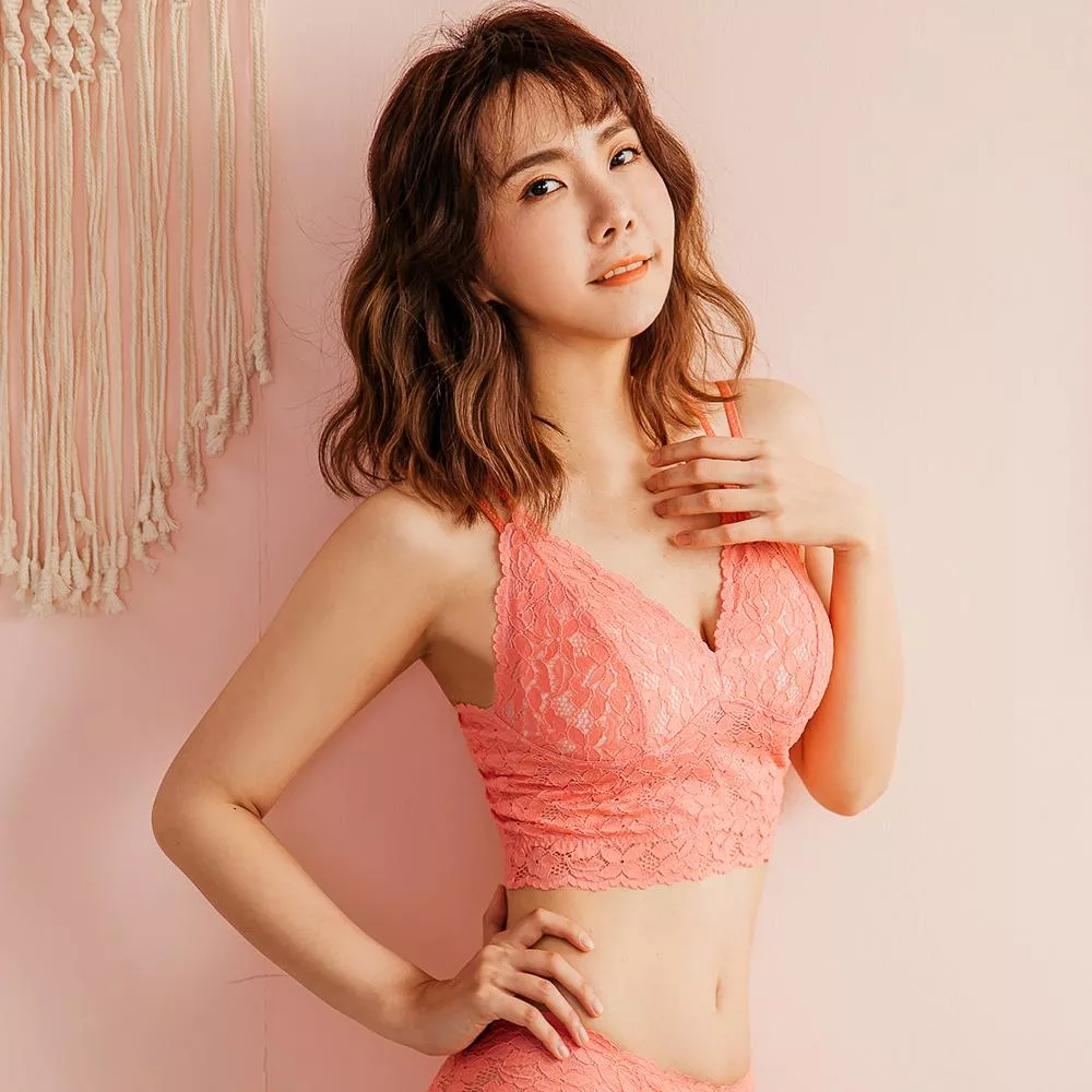 NEONER 蕾絲無鋼圈胸罩 Bratop｜立體鏤空 舒適抗菌 輕盈集中-珊瑚紅