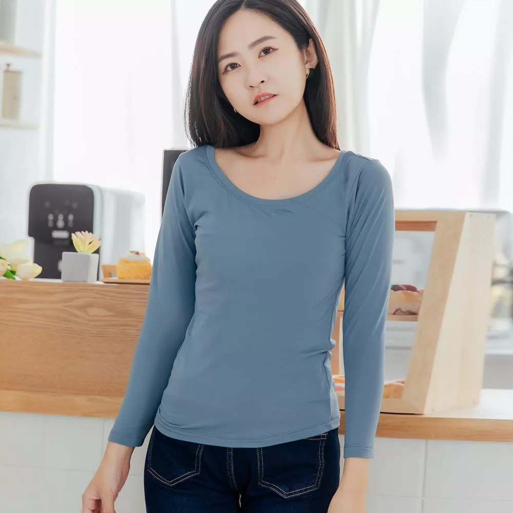 NEONER女薄款U領彈力氣暖絨發熱保暖衣-莫蘭迪灰藍