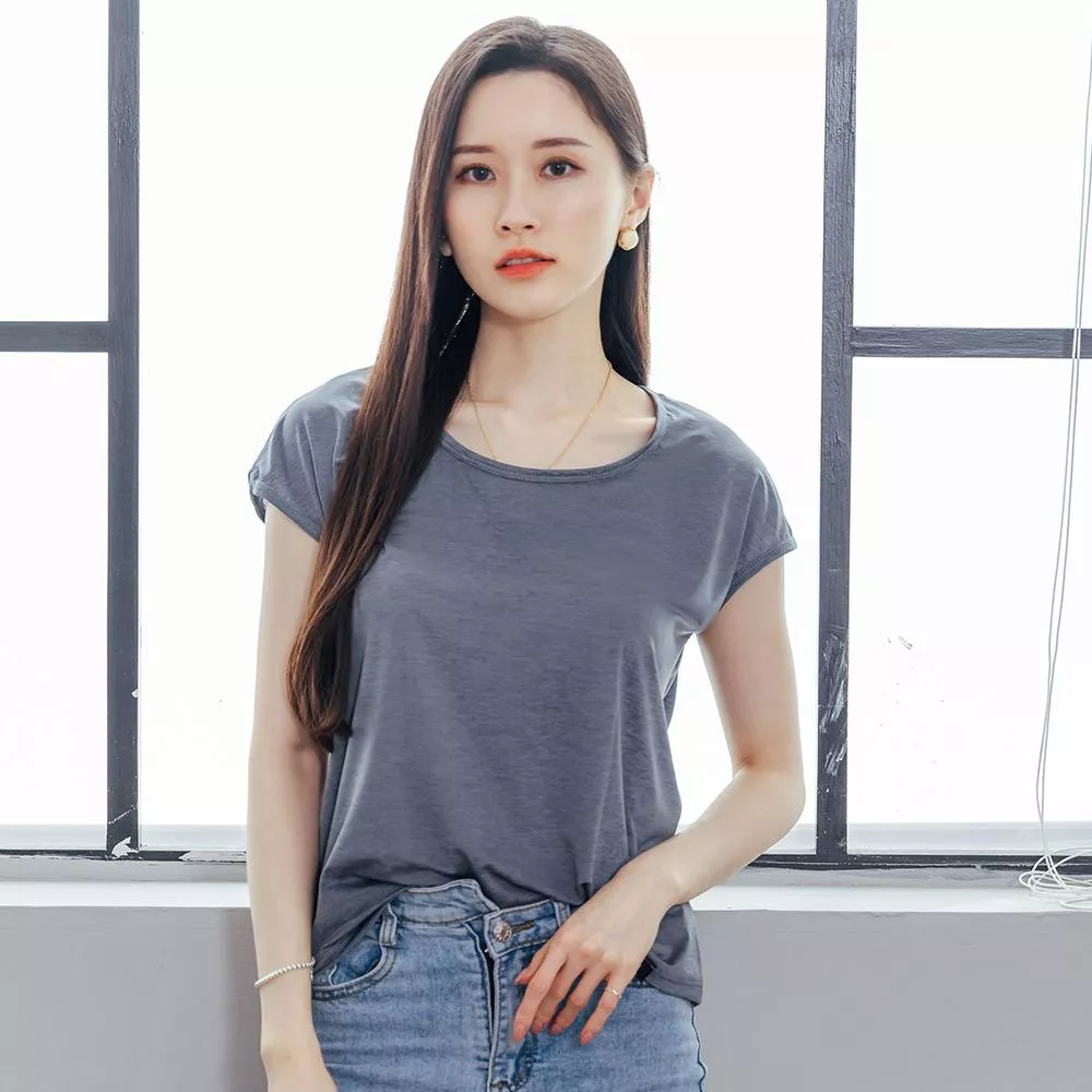 彈性顯瘦修身【NEONER涼感衣】超細涼感絲包袖圓領T恤-鐵灰