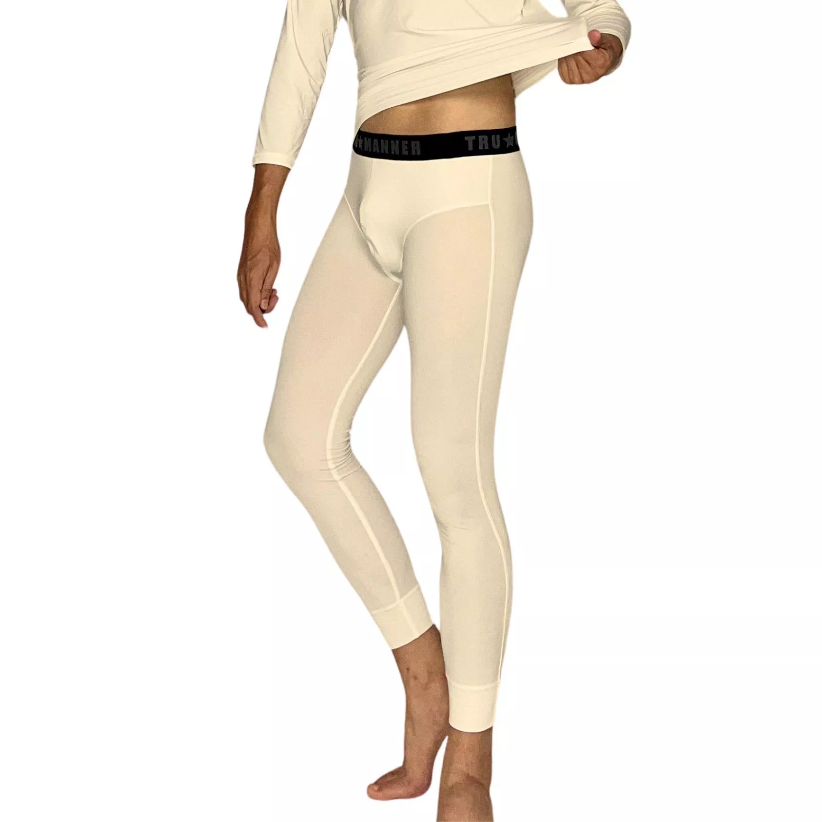 NEONER 男薄款彈力氣暖絨保暖發熱內搭長褲-米色