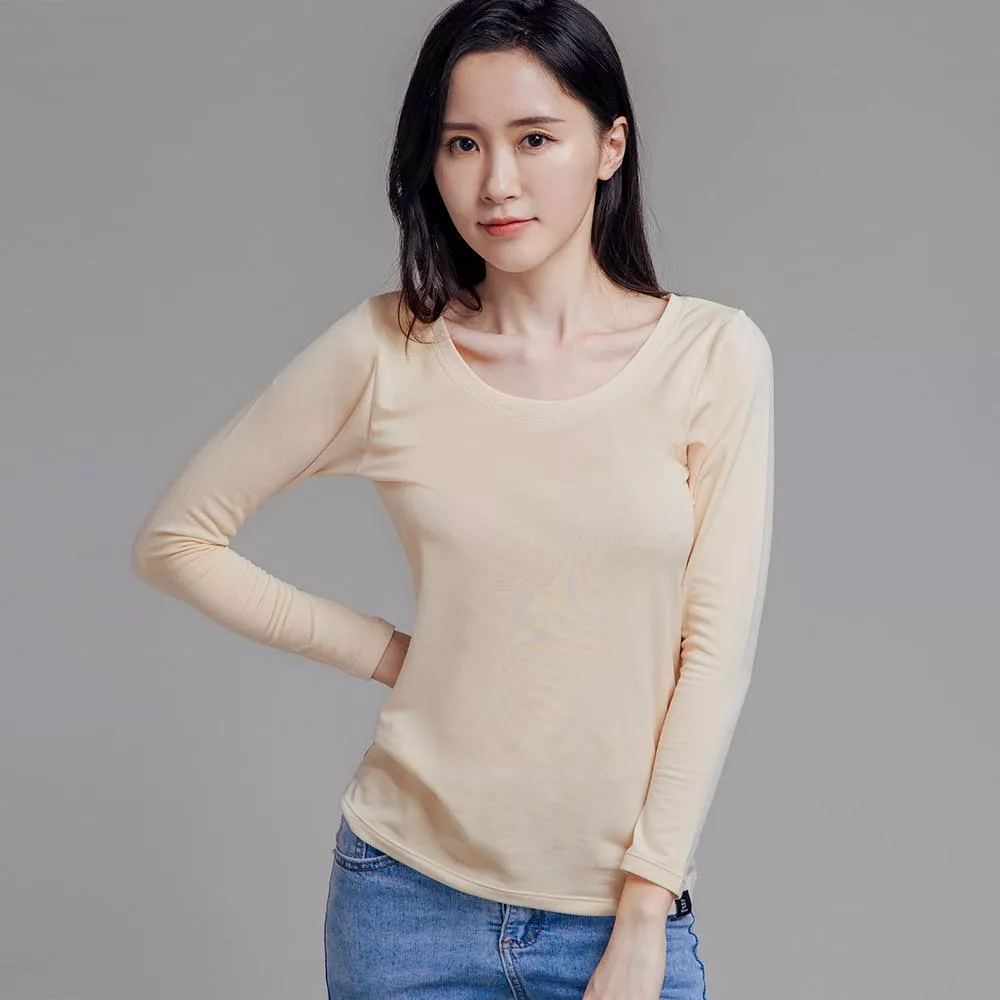 NEONER女薄款U領彈力氣暖絨發熱保暖衣-米色