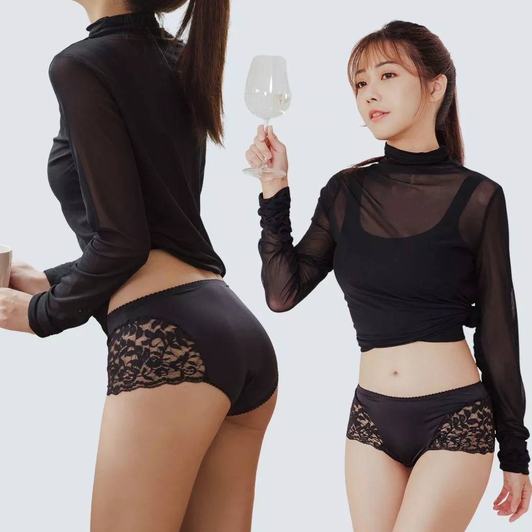 【SKYLIE銀離子抗菌內褲】柔魅蕾絲中腰平口款｜透氣親膚・抑菌除臭・長效舒適-黑色