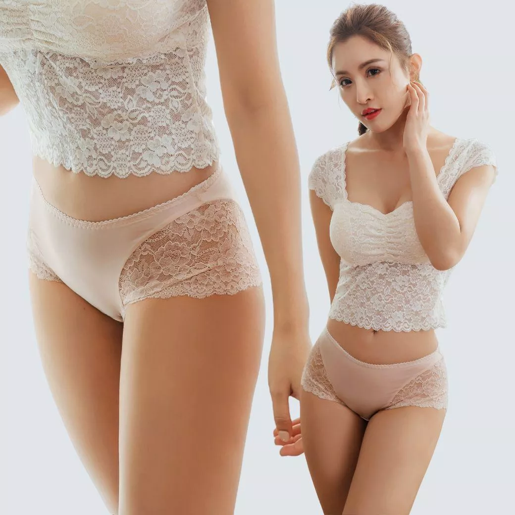 【SKYLIE銀離子抗菌內褲】柔魅蕾絲中腰平口款｜透氣親膚・抑菌除臭・長效舒適-燕麥黃