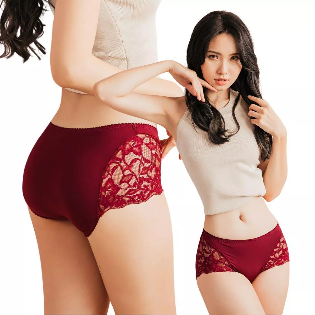 【SKYLIE銀離子抗菌內褲】柔魅蕾絲中腰平口款｜透氣親膚・抑菌除臭・長效舒適-酒紅