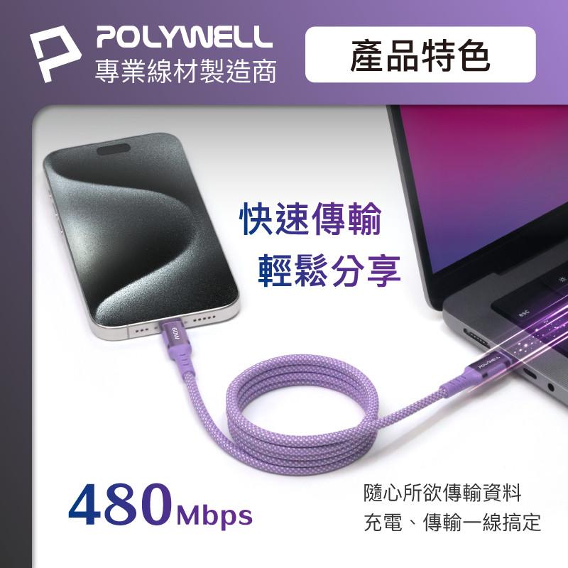 POLYWELL 磁吸收納PD快充線 C To C 鋁合金 編織線 適用iPhone16 安卓平板 Lightning