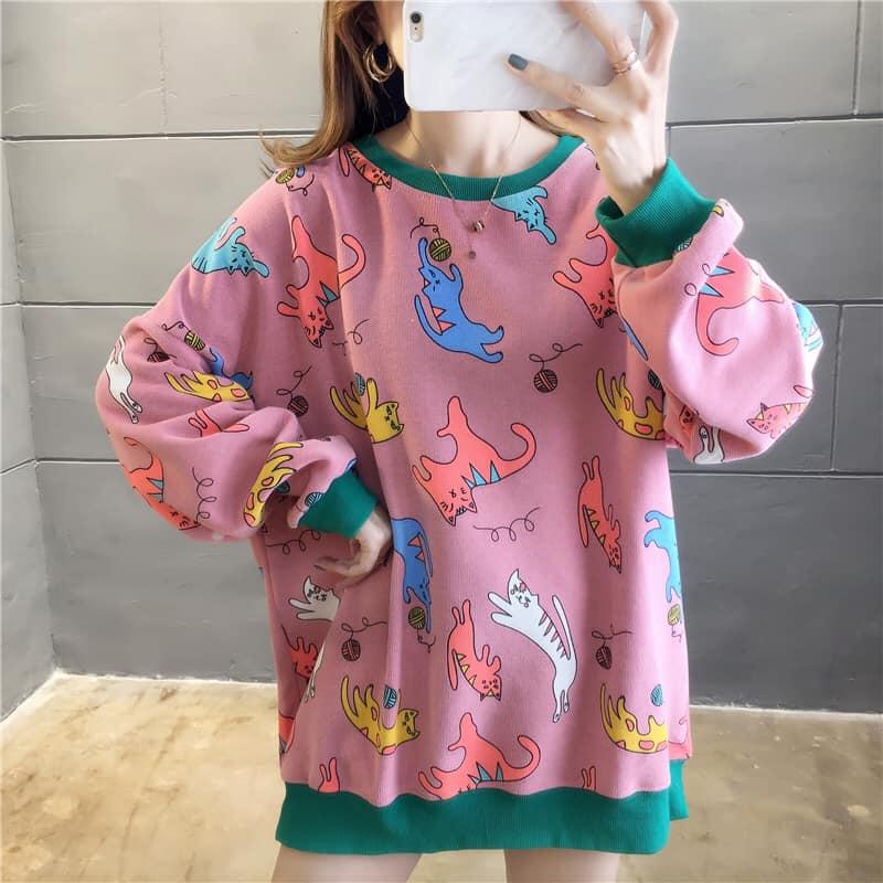 5拼色貓咪印花衛衣3色 M-2XL