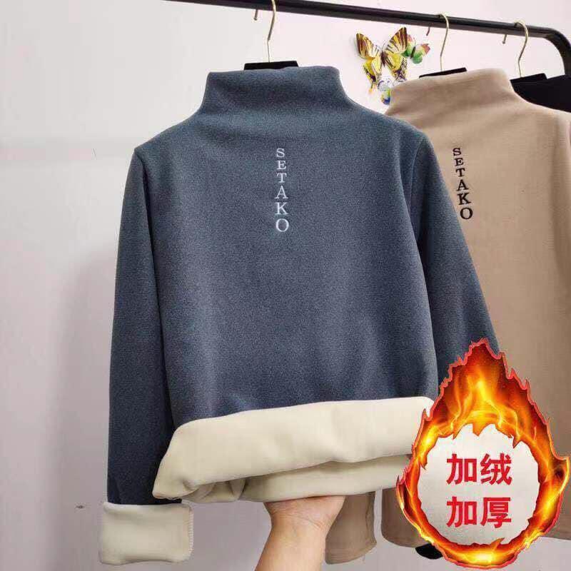 雙面磨毛半高領刺繡打底衫S-3XL 4色