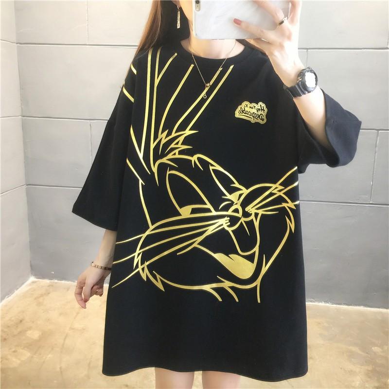 韓版春夏燙金卡通兔子短袖T恤3色 M-2XL