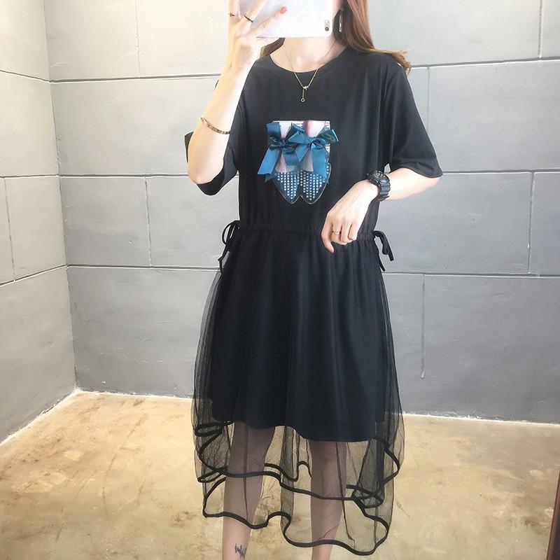 夏季中長款圓領短袖網紗拼接收腰T恤裙子2色 M-2XL