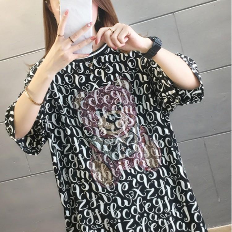 夏季中長款卡通燙鑽小熊圓領蕾絲露背短袖T恤2色 M-2XL