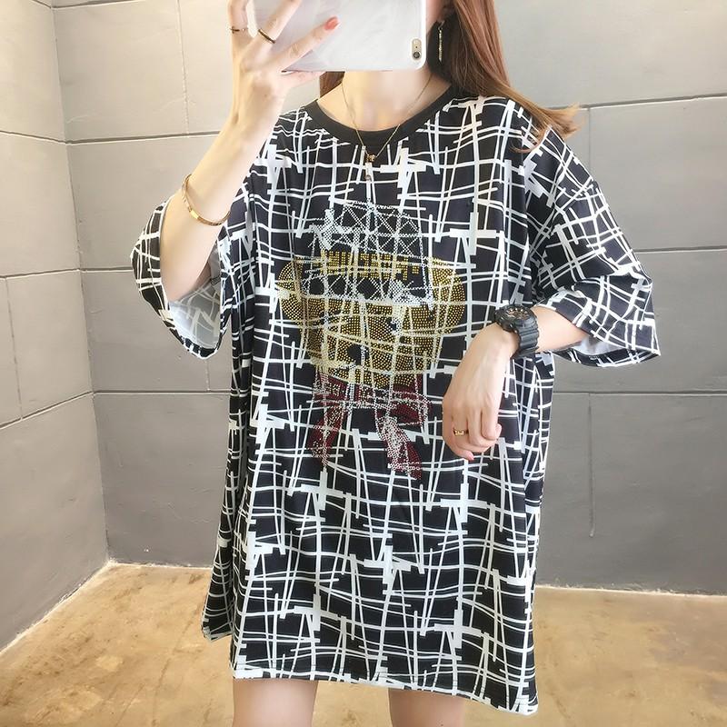 夏季中長款可愛燙鑽小熊漏貝蝴蝶結圓領短袖T恤2色 M-2XL