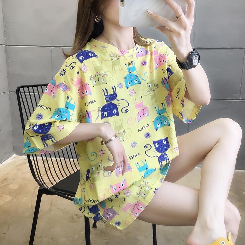 夏季可愛滿版貓咪印花中長款短袖T桖3色 M-2XL