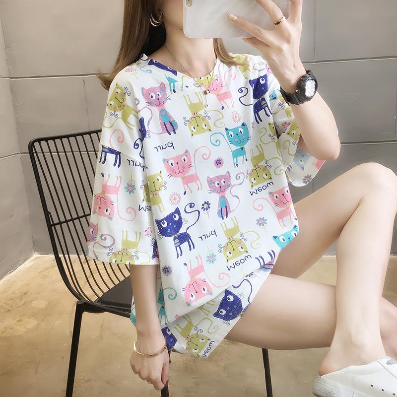 夏季可愛滿版貓咪印花中長款短袖T桖3色 M-2XL