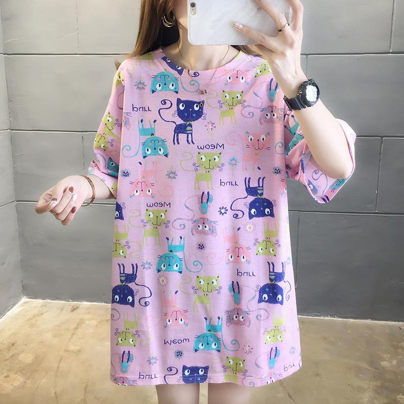 夏季可愛滿版貓咪印花中長款短袖T桖3色 M-2XL