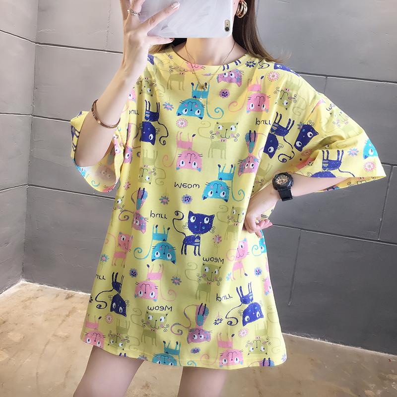 夏季可愛滿版貓咪印花中長款短袖T桖3色 M-2XL