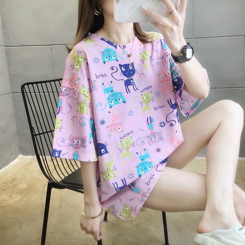 夏季可愛滿版貓咪印花中長款短袖T桖3色 M-2XL