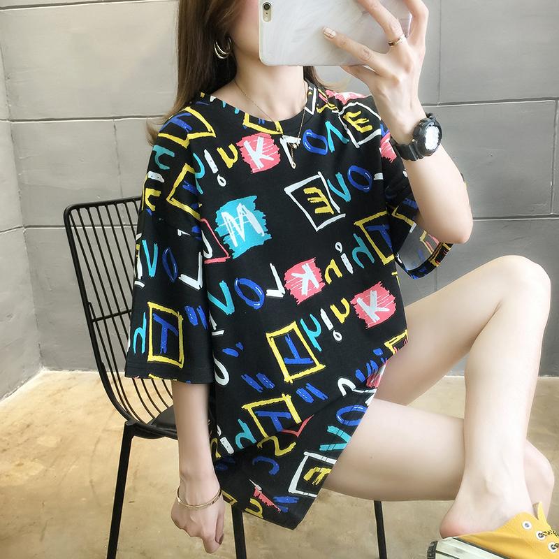 夏季潮流滿版字母印花中長款短袖圓領T桖3色 M-2XL