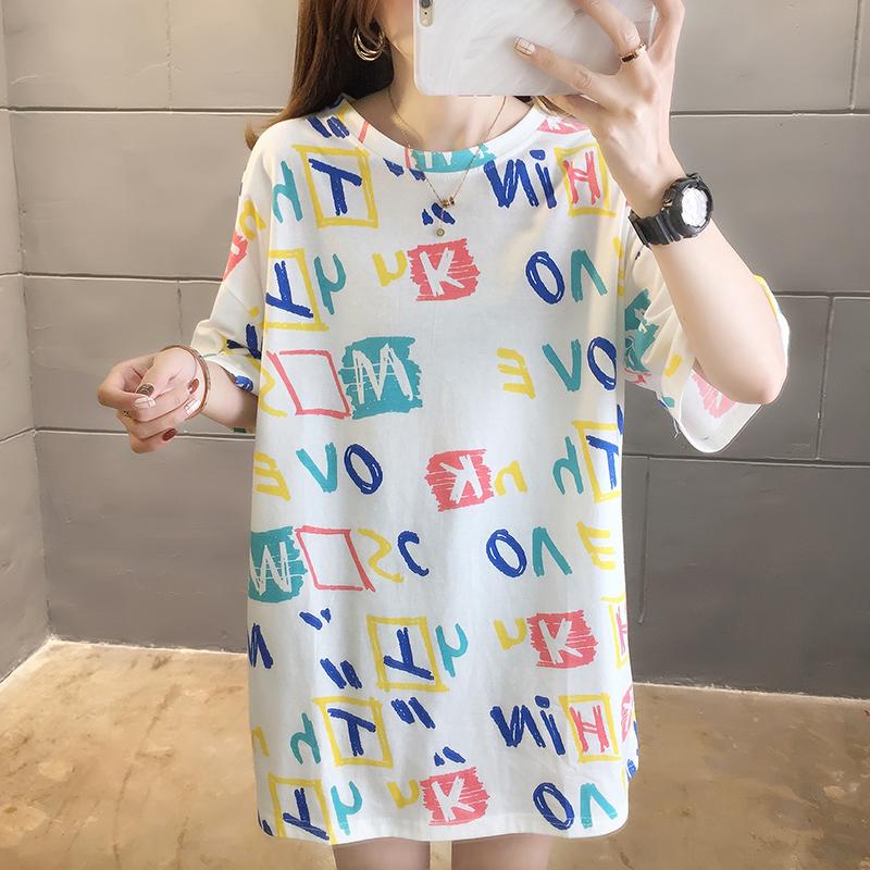 夏季潮流滿版字母印花中長款短袖圓領T桖3色 M-2XL