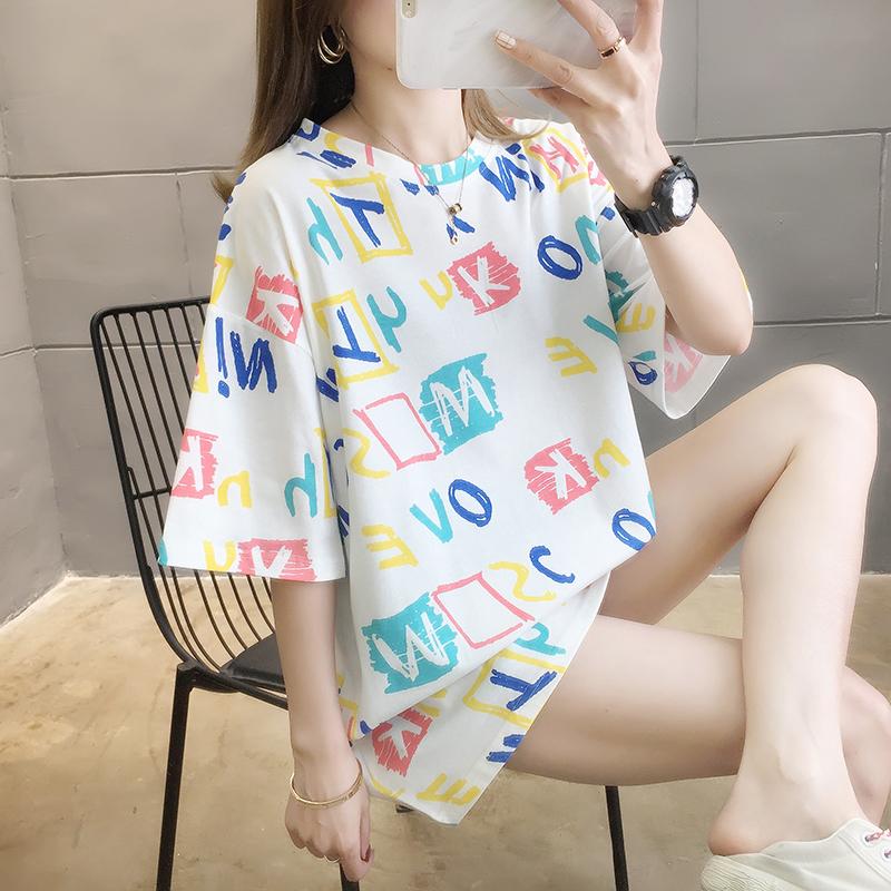 夏季潮流滿版字母印花中長款短袖圓領T桖3色 M-2XL