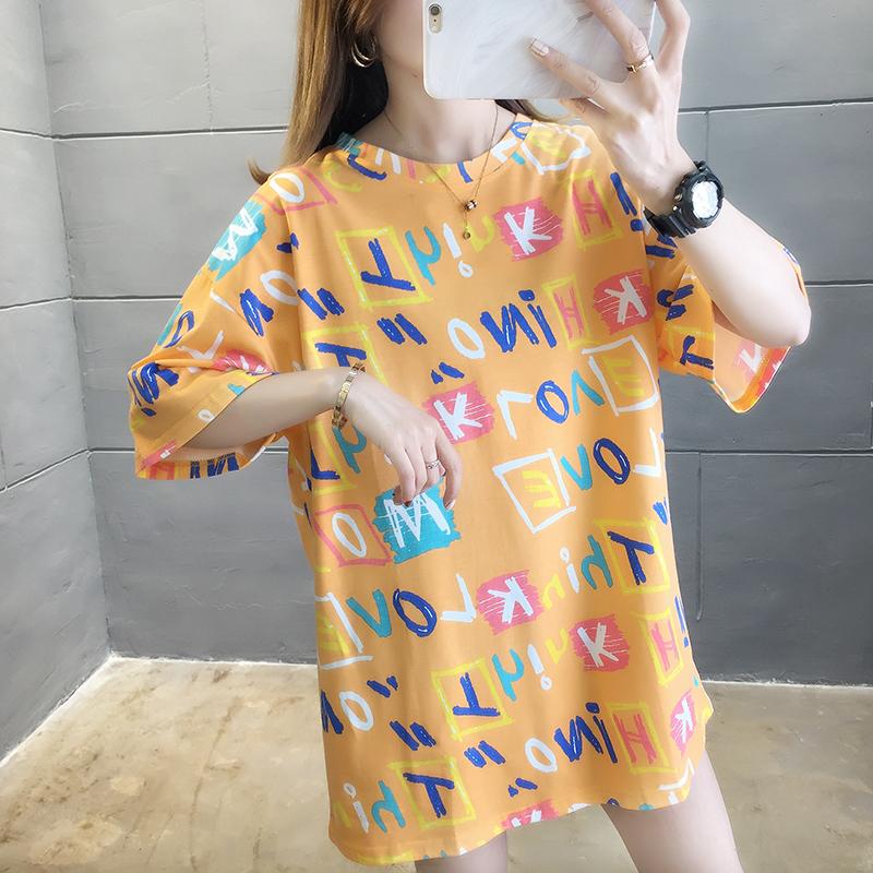 夏季潮流滿版字母印花中長款短袖圓領T桖3色 M-2XL