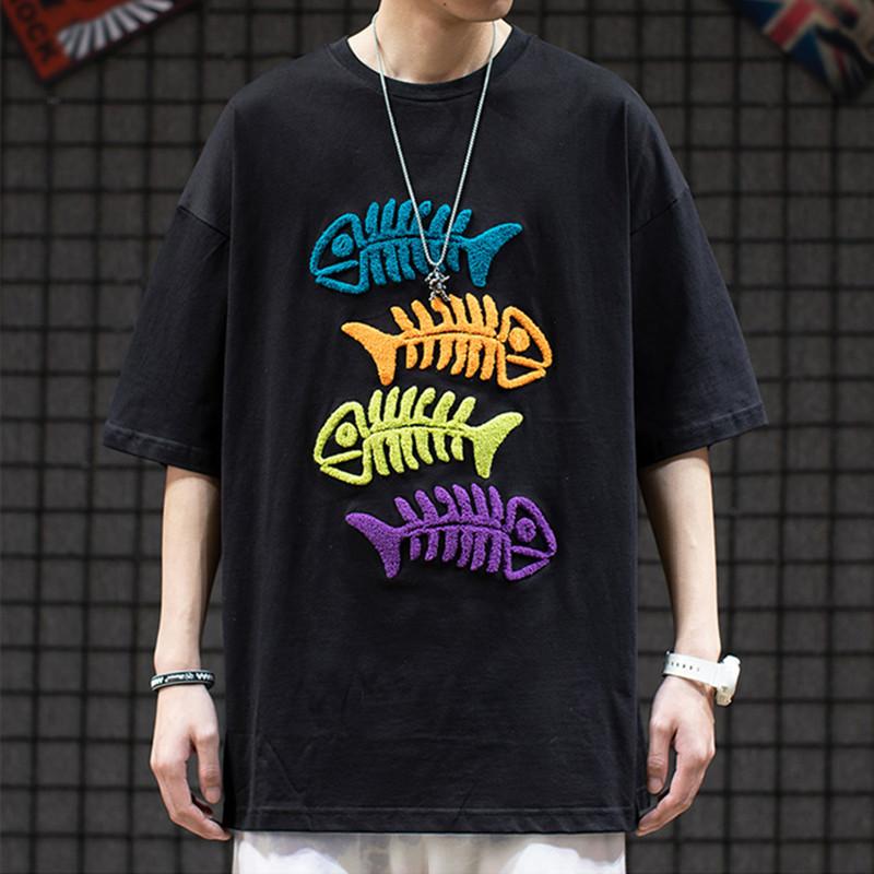 重工刺繡彩色魚骨植絨純棉短袖男T2色 M-2XL