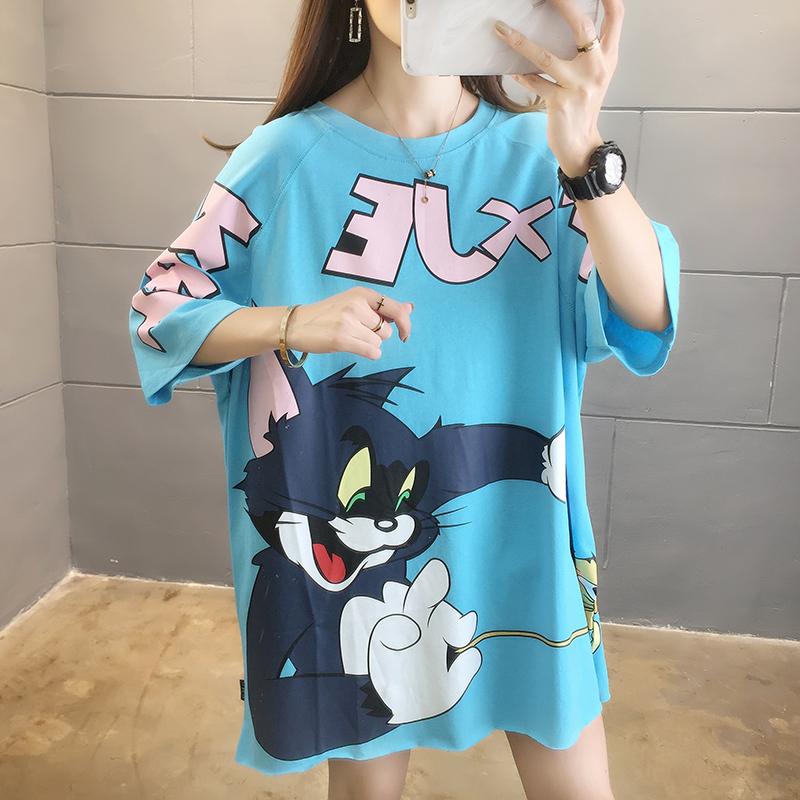 新款印花貓咪韓版寬鬆短袖中長款上衣3色 M-2XL