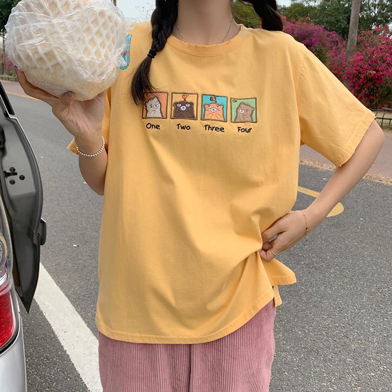 2021春夏新款卡通動物刺繡女裝短袖上衣3色 M-XL