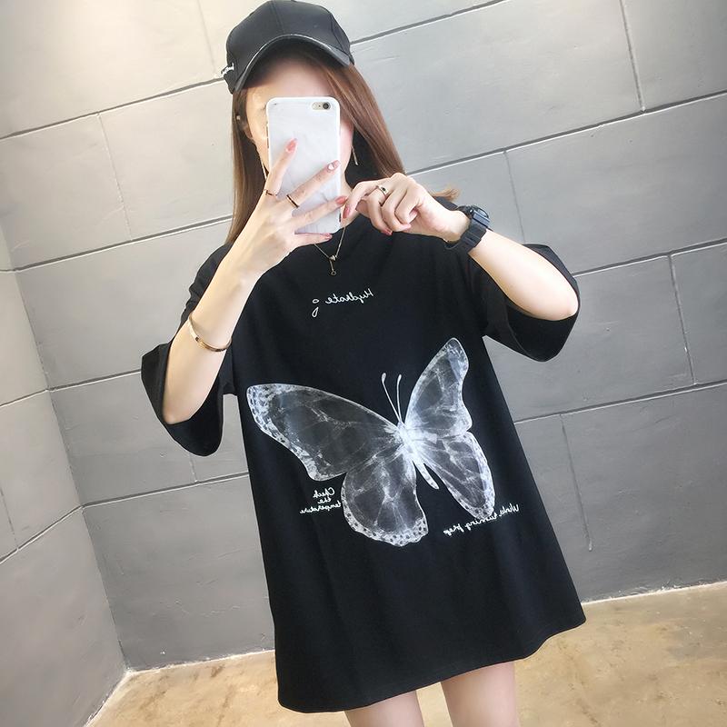 夏季超火ins中長款蝴蝶印花短袖T2色 M-2XL