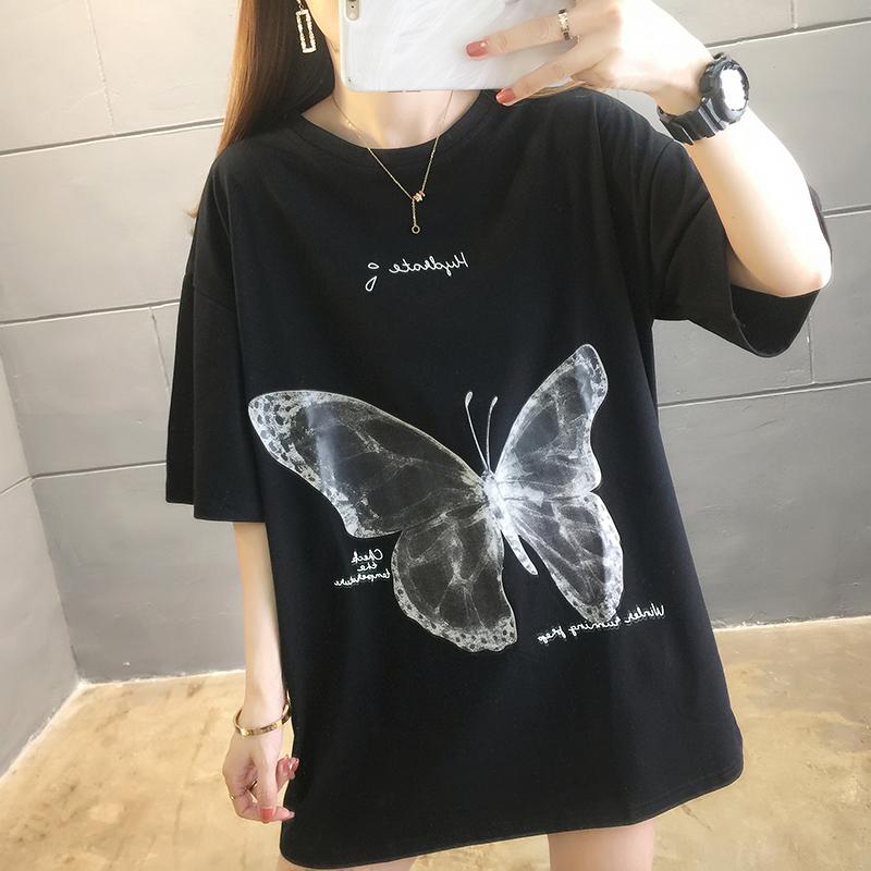 夏季超火ins中長款蝴蝶印花短袖T2色 M-2XL