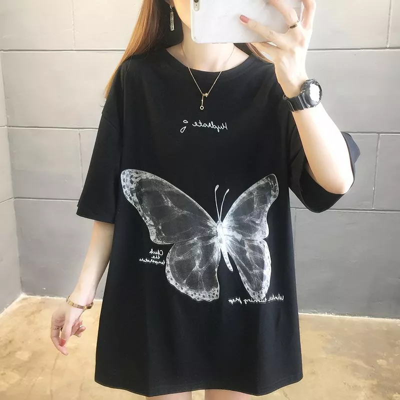 夏季超火ins中長款蝴蝶印花短袖T2色 M-2XL