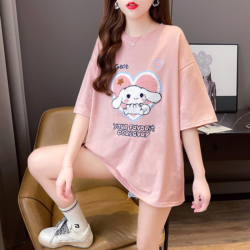 春夏寬鬆彩色愛心繡花兔子短袖圓領上衣3色 M-2XL